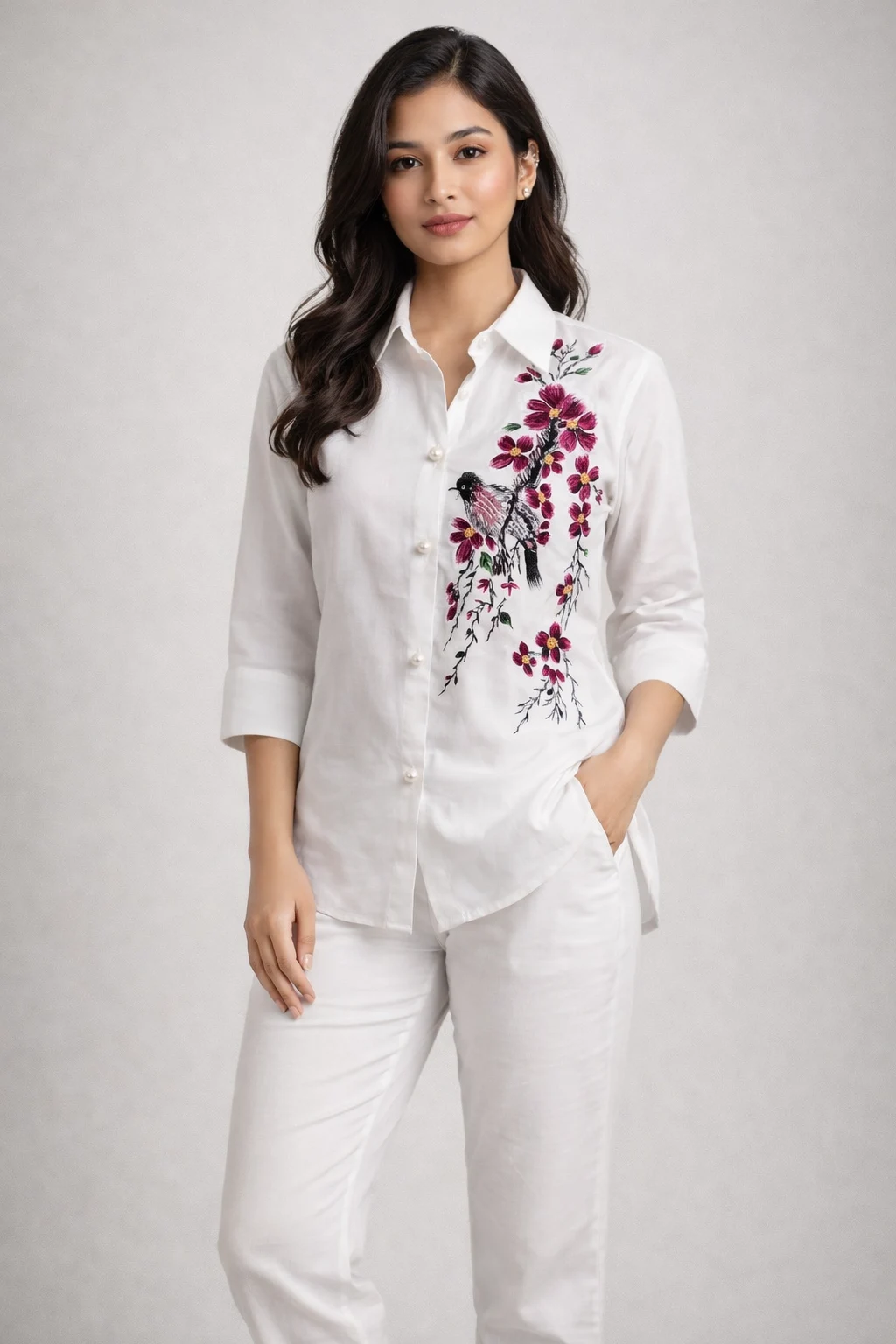 Handcrafted Floral Embroidered White Co-Ord Set