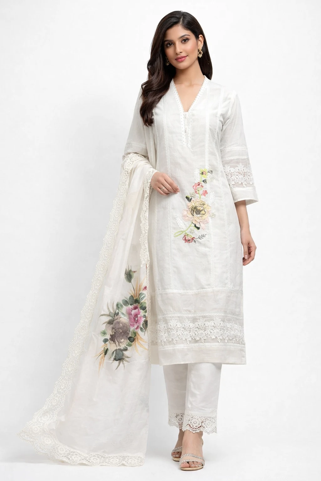 Off White Embroidered Kurta Set with Dupatta