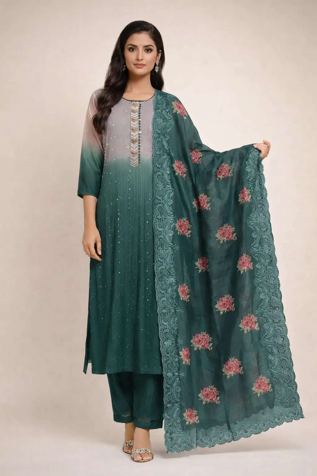 Teal Green Ombre Kurta Set with Dupatta