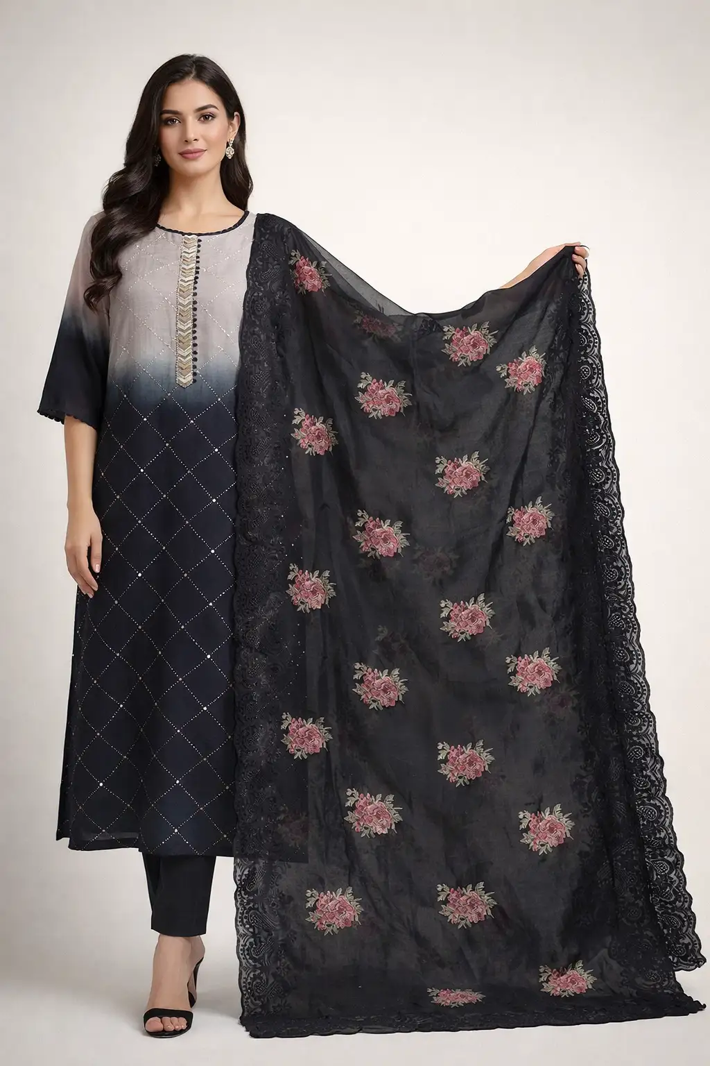 Black Ombre Kurta Set with Dupatta