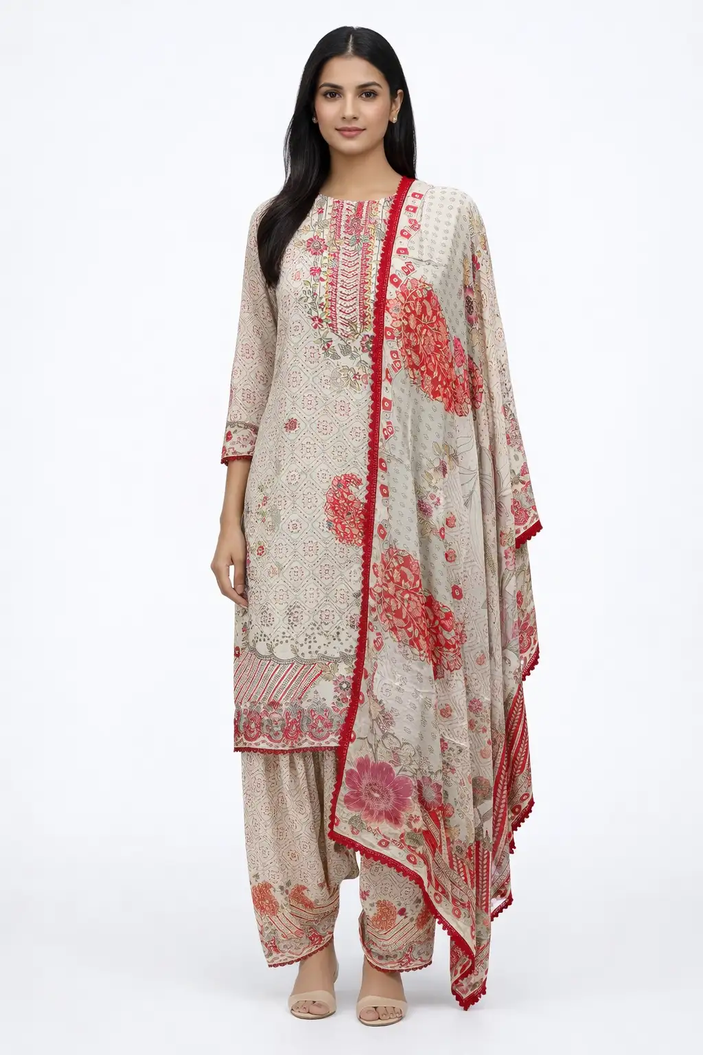 Beige Floral Kurta Set with Dupatta