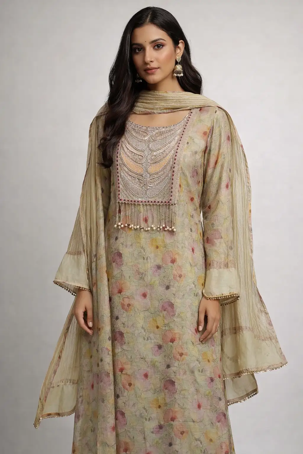 Pastel Floral Suit Set with Dupatta