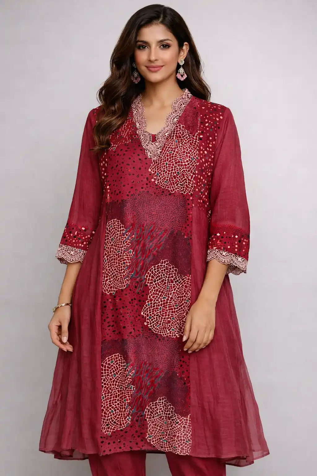 Women Maroon Printed Dress Set