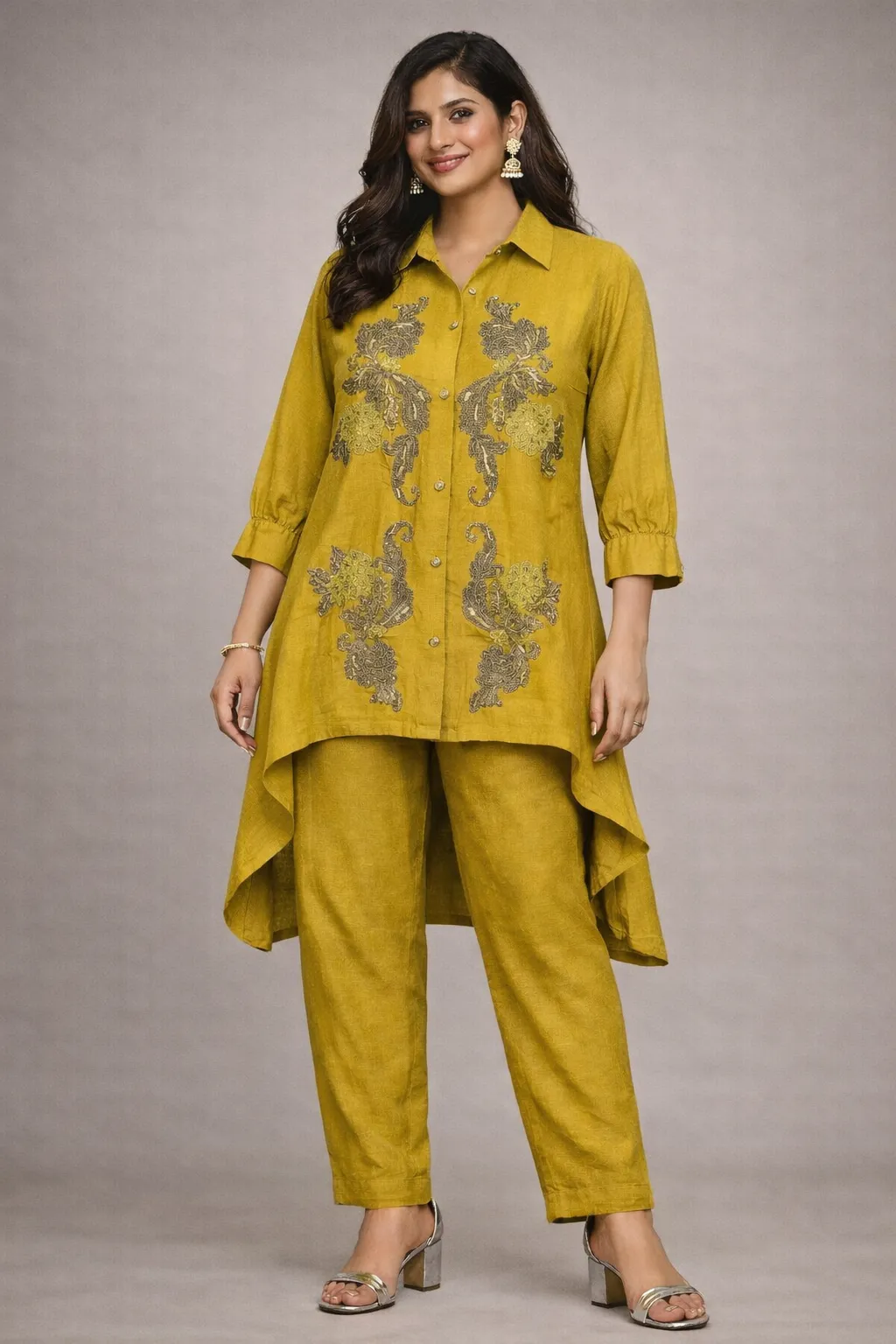 Women Mustard Embroidered Dress Set