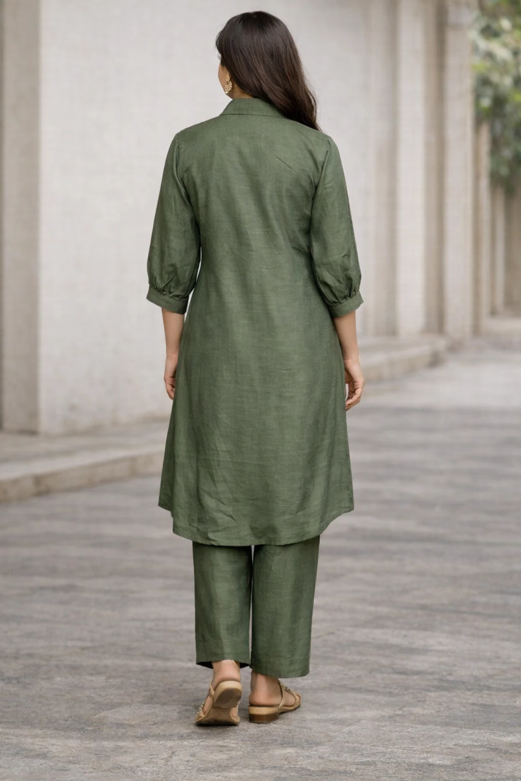 Women Olive Green Embroidered Dress Set