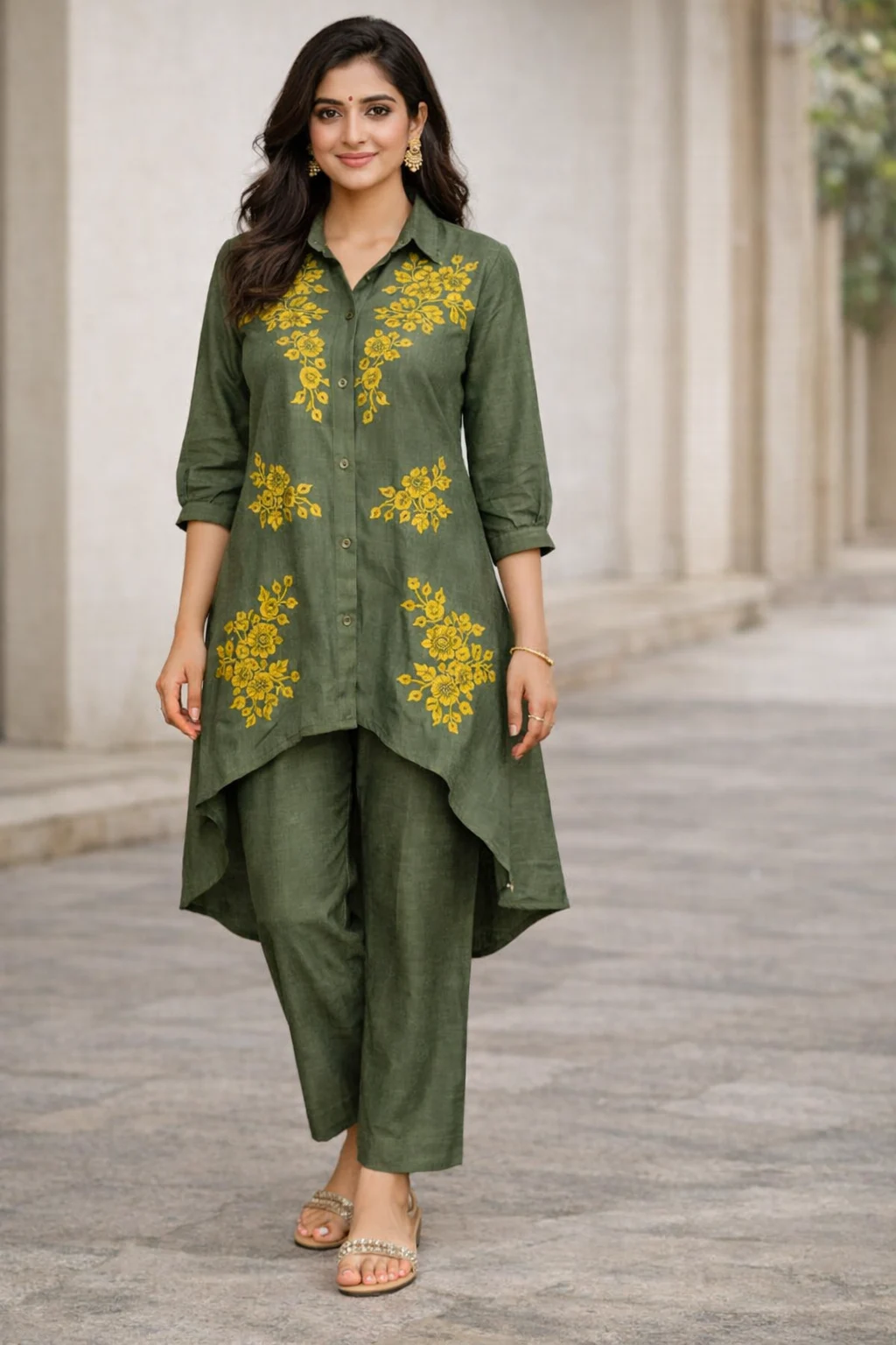 Women Olive Green Embroidered Dress Set