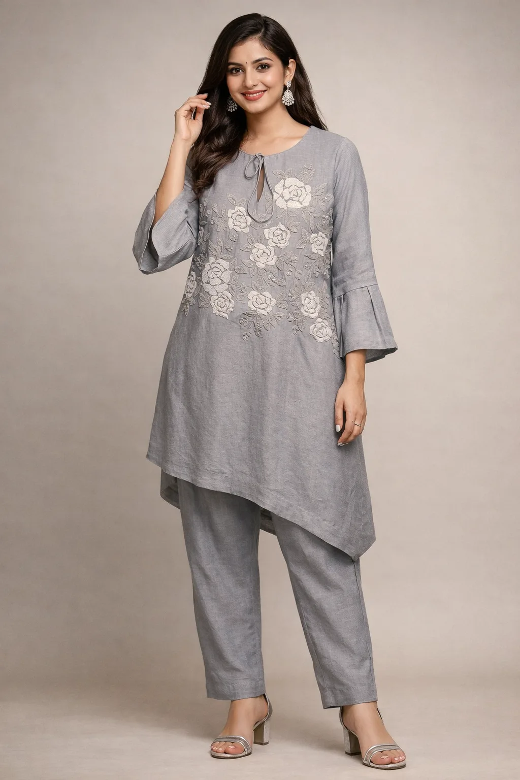 Women Grey Floral Embroidered Dress Set