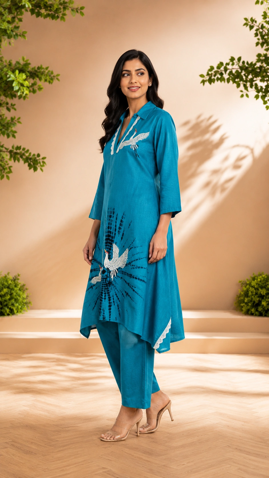 Elara Teal Crane Kurta Set