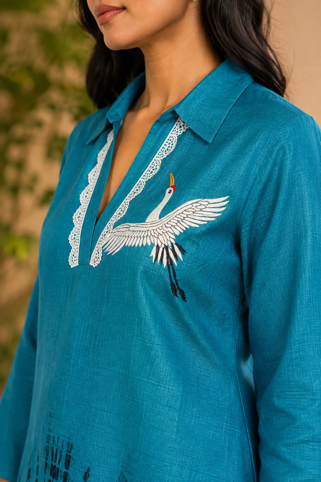 Elara Teal Crane Kurta Set