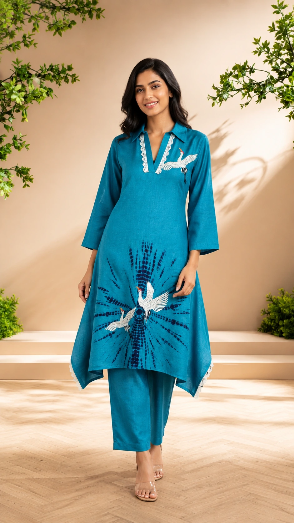 Elara Teal Crane Kurta Set