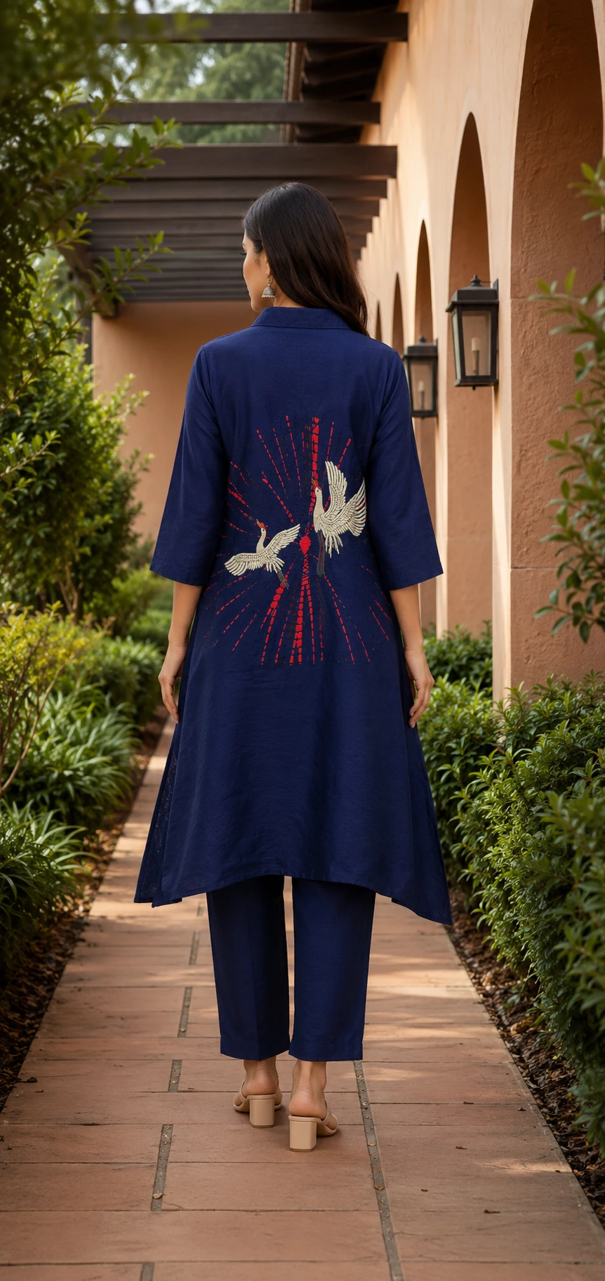 Aurelia Navy Crane Print Kurta Set