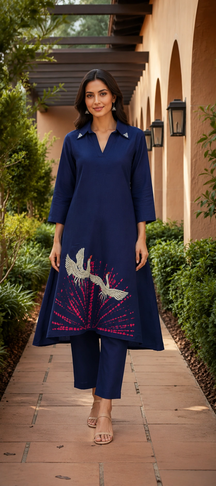 Aurelia Navy Crane Print Kurta Set