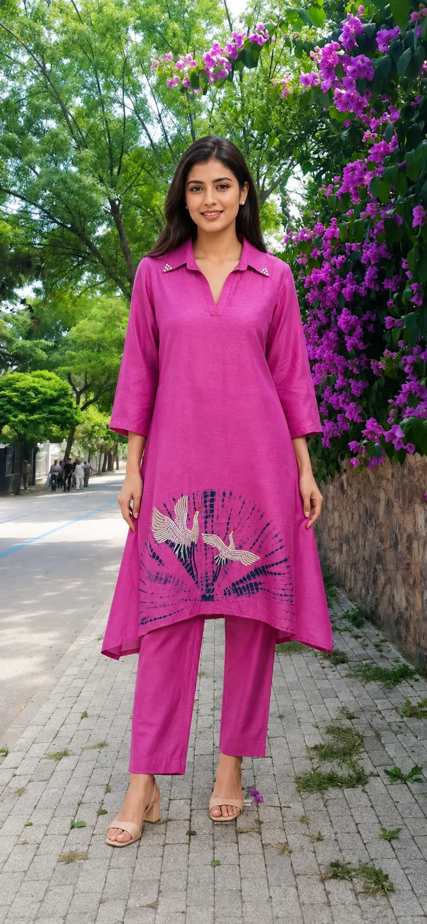 Fuchsia Crane Print Kurta Set