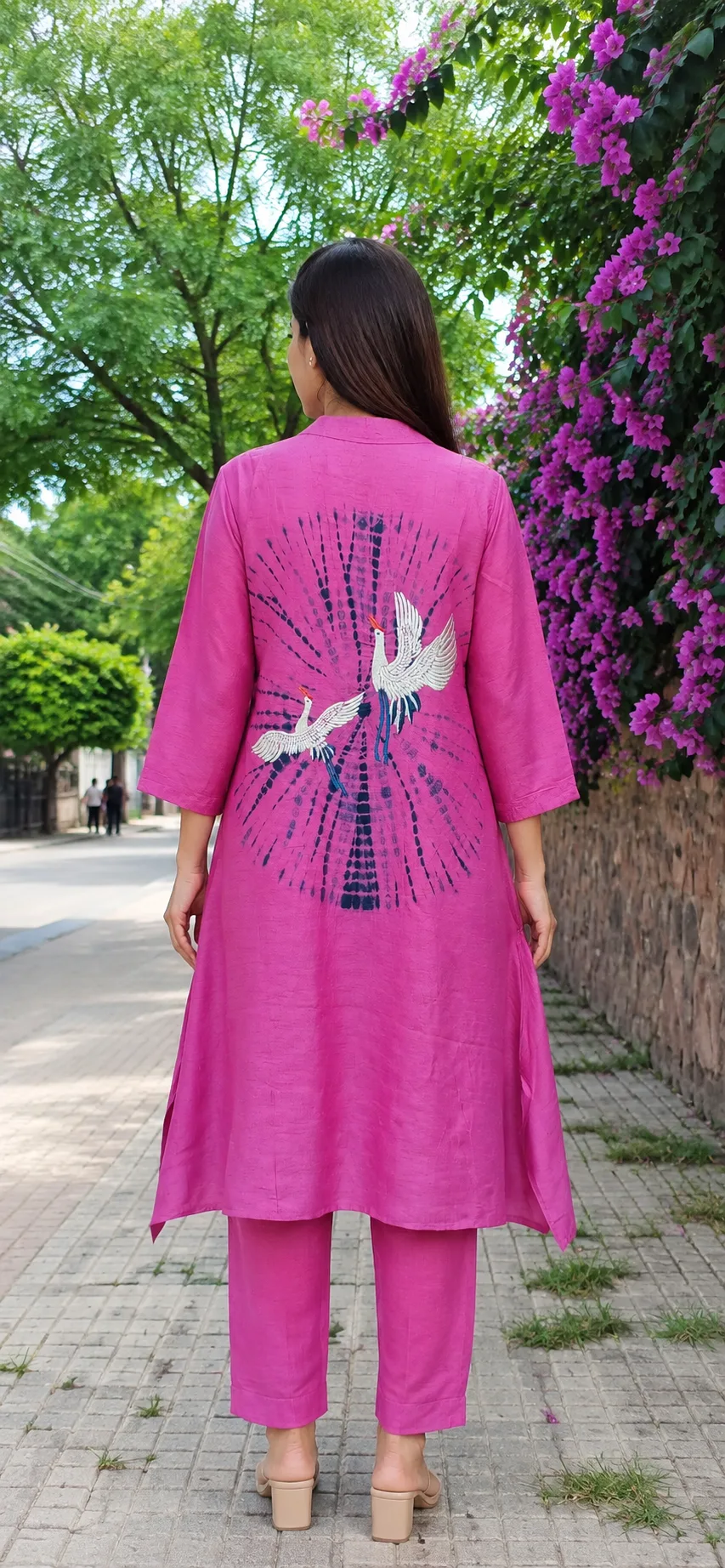 Fuchsia Crane Print Kurta Set